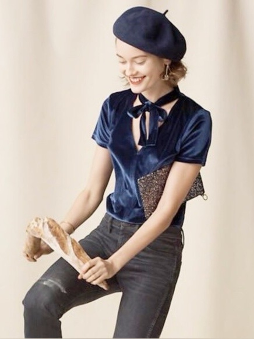 Madewell Velvet Tie-neck Soft Blouse in Nightfall Women Size X Small